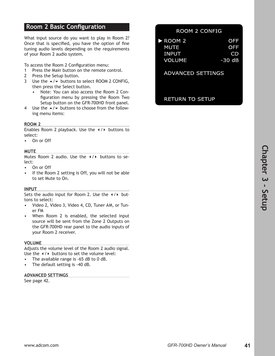 Room 2 basic configuration, Room 2 basic conﬁguration …………………………41, Ch ap te r 3 - s et up | Room 2 basic conﬁguration | Adcom GFR-700HD User Manual | Page 41 / 68