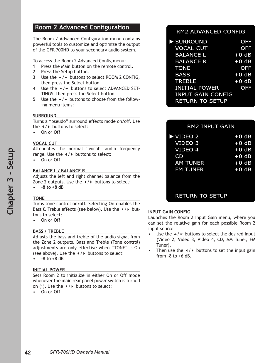 Room 2 advanced configuration, Room 2 advanced conﬁguration …………………42, Ch ap te r 3 - s et up | Room 2 advanced conﬁguration | Adcom GFR-700HD User Manual | Page 42 / 68