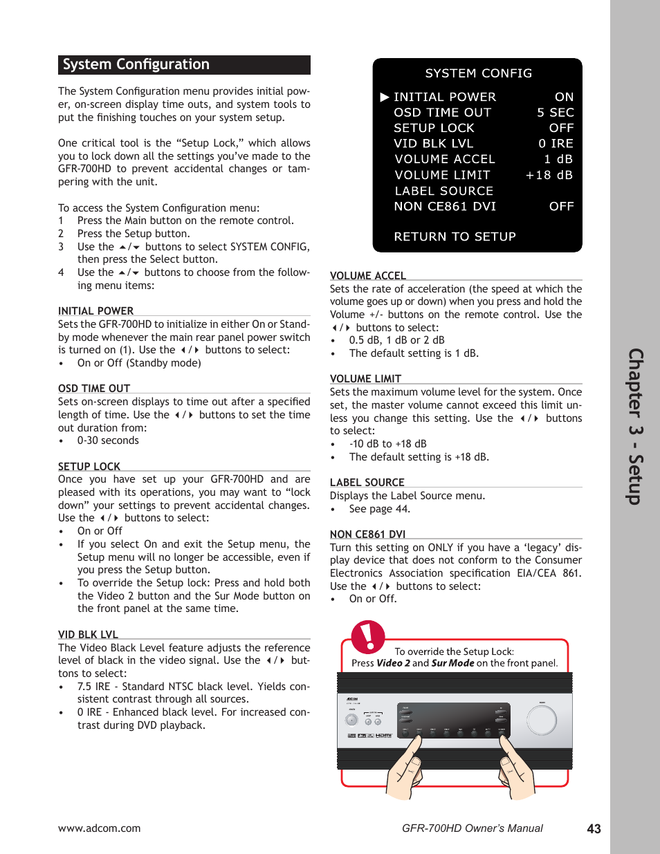 System configuration, System conﬁguration ……………………………………43, Ch ap te r 3 - s et up | System conﬁguration | Adcom GFR-700HD User Manual | Page 43 / 68