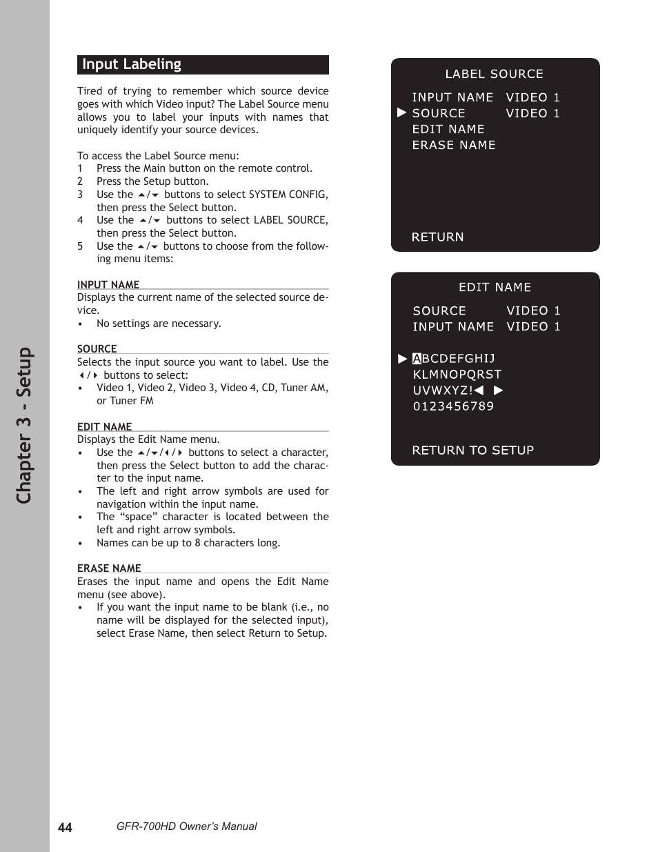 Input labeling, Input labeling …………………………………………… 44, Ch ap te r 3 - s et up | Adcom GFR-700HD User Manual | Page 44 / 68