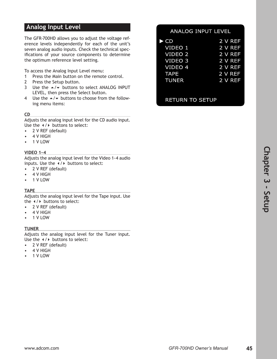 Analog input level, Analog input level …………………………………… 45, Ch ap te r 3 - s et up | Adcom GFR-700HD User Manual | Page 45 / 68