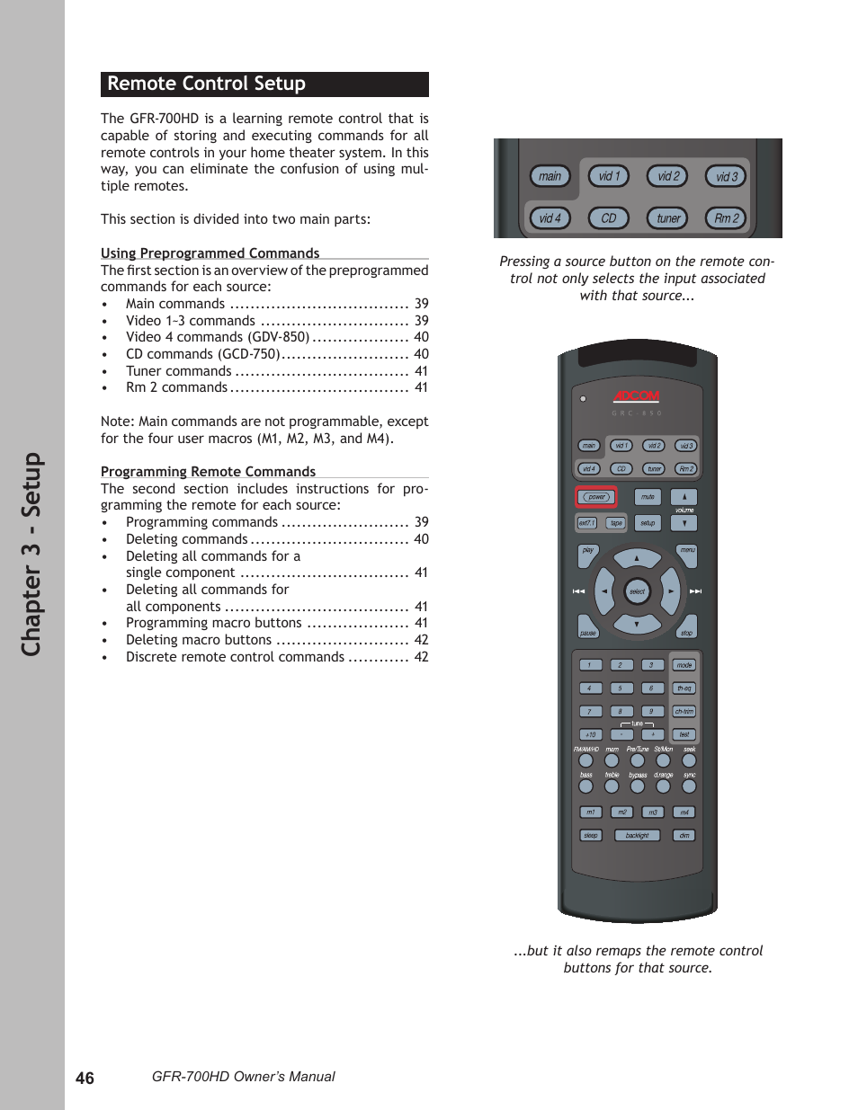 Remote control setup, Remote control setup ……………………………… 46, Ch ap te r 3 - s et up | Adcom GFR-700HD User Manual | Page 46 / 68