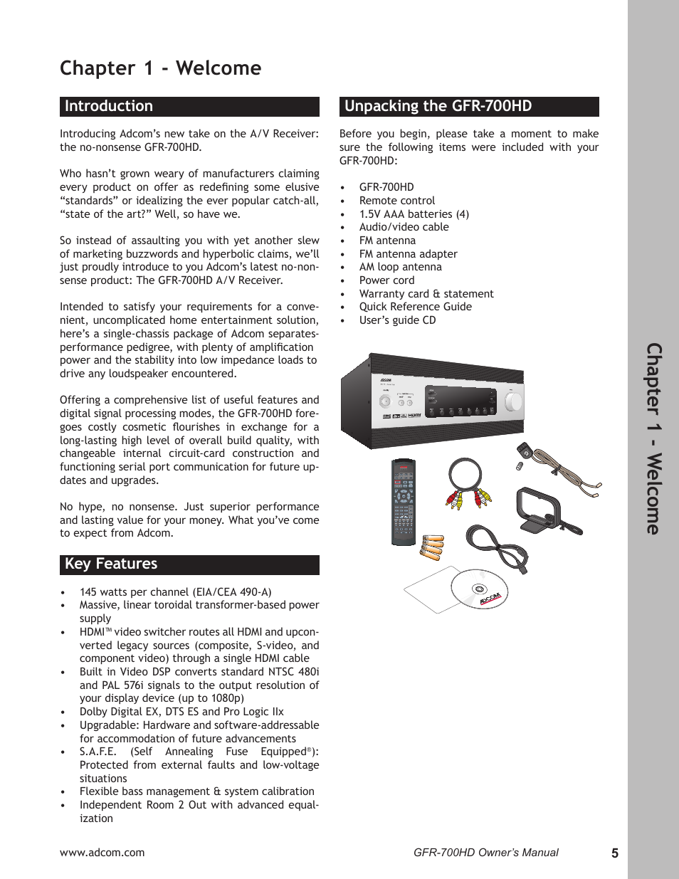 Chapter 1 - welcome, Introduction, Key features | Unpacking the gfr-700hd, Introduction ………………………………………………… 5, Key features ………………………………………………… 5, Unpacking the gfr-700hd ………………………… 5, Ch ap te r 1 - w elc om e | Adcom GFR-700HD User Manual | Page 5 / 68