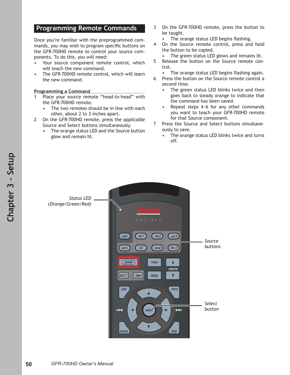 Programming remote commands, Programming remote commands …………… 50, Ch ap te r 3 - s et up | Adcom GFR-700HD User Manual | Page 50 / 68