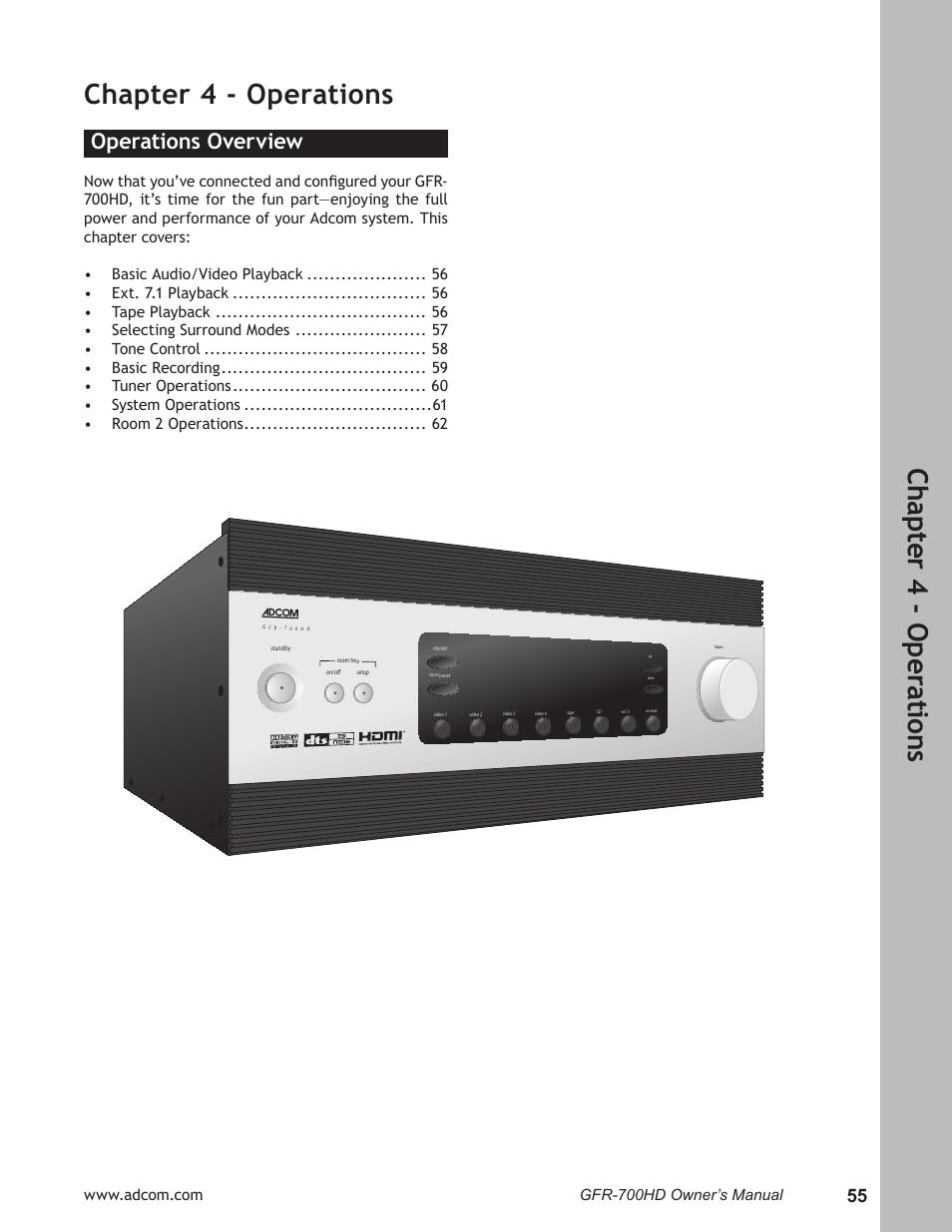 Chapter 4 - operations, Operations overview, Operations overview ……………………………………55 | Ch ap te r 4 - o pe ra tio ns | Adcom GFR-700HD User Manual | Page 55 / 68