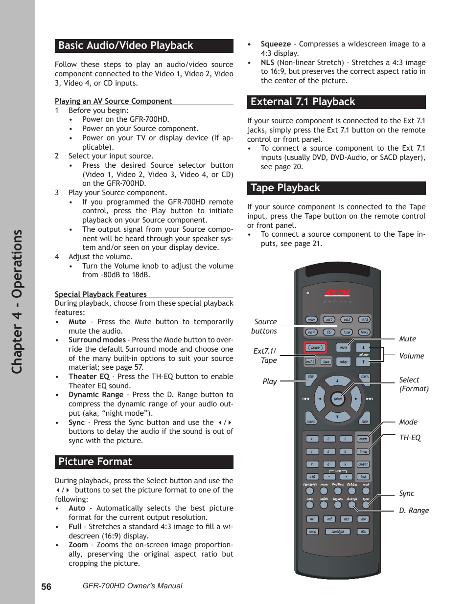 Basic audio/video playback, Picture format, External 7.1 playback | Tape playback, Basic audio/video playback ……………………… 56, Picture format ………………………………………… 56, External 7.1 playback ……………………………… 56, Tape playback …………………………………………… 56, Ch ap te r 4 - o pe ra ti on s | Adcom GFR-700HD User Manual | Page 56 / 68