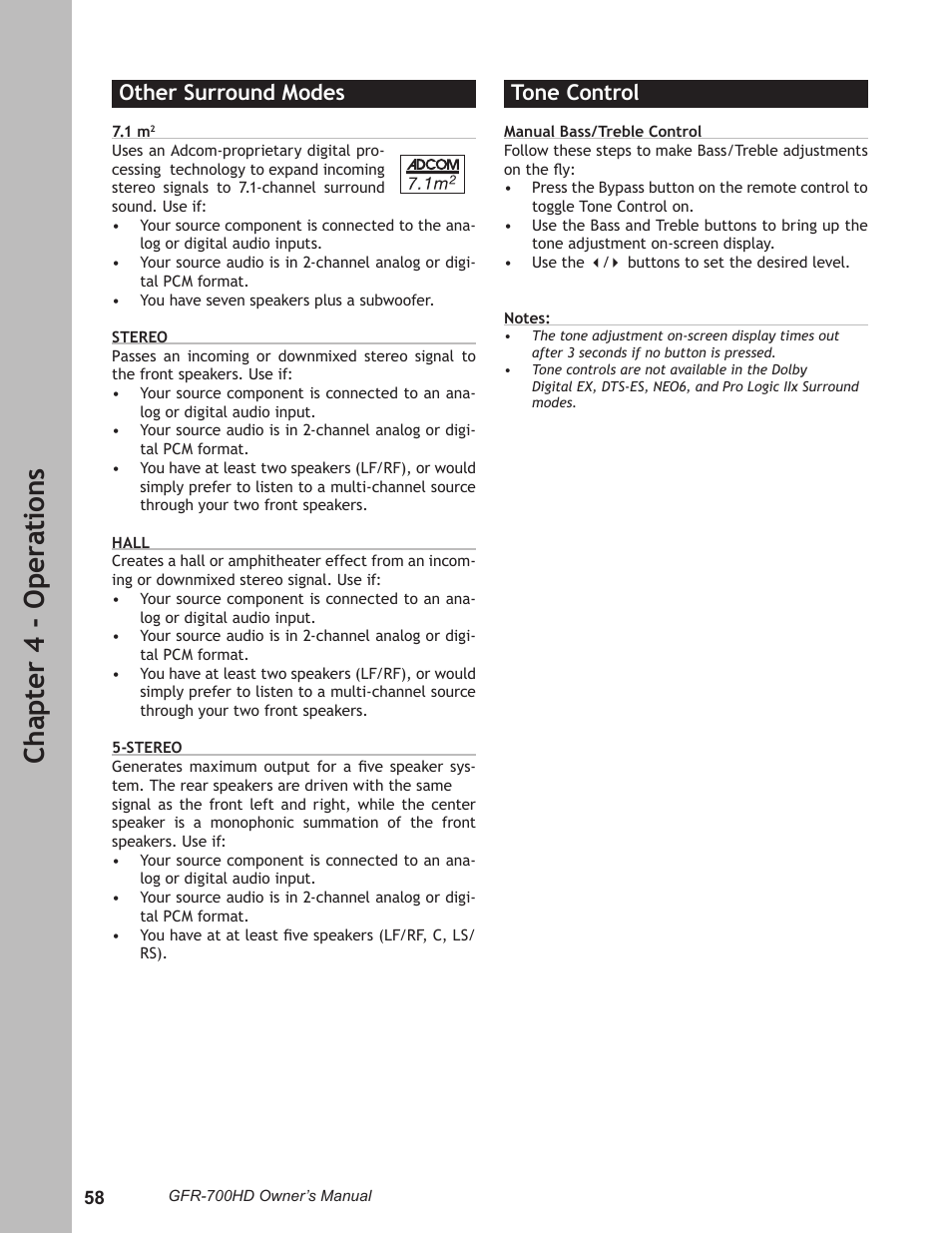 Tone control, Tone control ……………………………………………… 58, Ch ap te r 4 - o pe ra ti on s | Other surround modes | Adcom GFR-700HD User Manual | Page 58 / 68