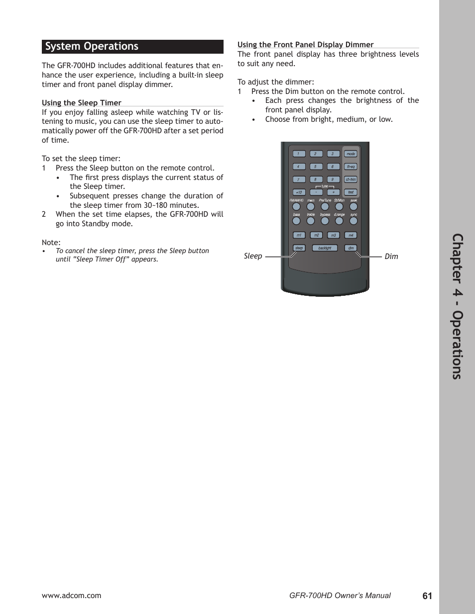 System operations, System operations ………………………………………61, Ch ap te r 4 - o pe ra tio ns | Adcom GFR-700HD User Manual | Page 61 / 68