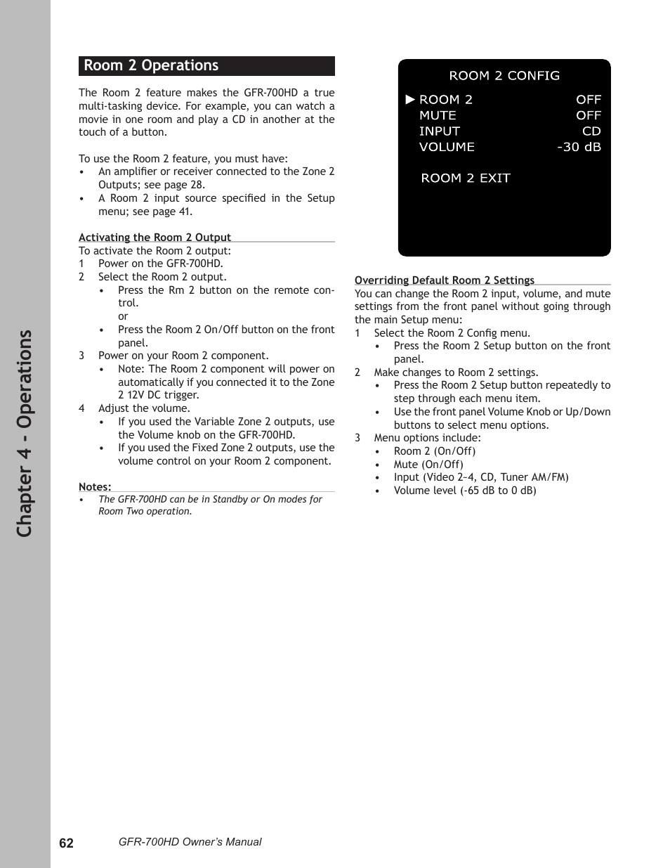 Room 2 operations, Room 2 operations ………………………………………62, Ch ap te r 4 - o pe ra ti on s | Adcom GFR-700HD User Manual | Page 62 / 68