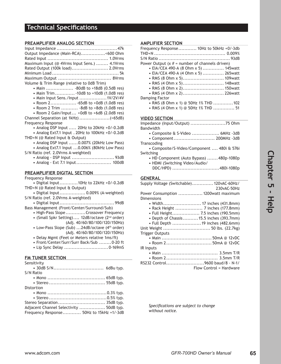 Technical specifications, Technical speciﬁcations ………………………………65, Ch ap te r 5 - h elp | Technical speciﬁcations | Adcom GFR-700HD User Manual | Page 65 / 68