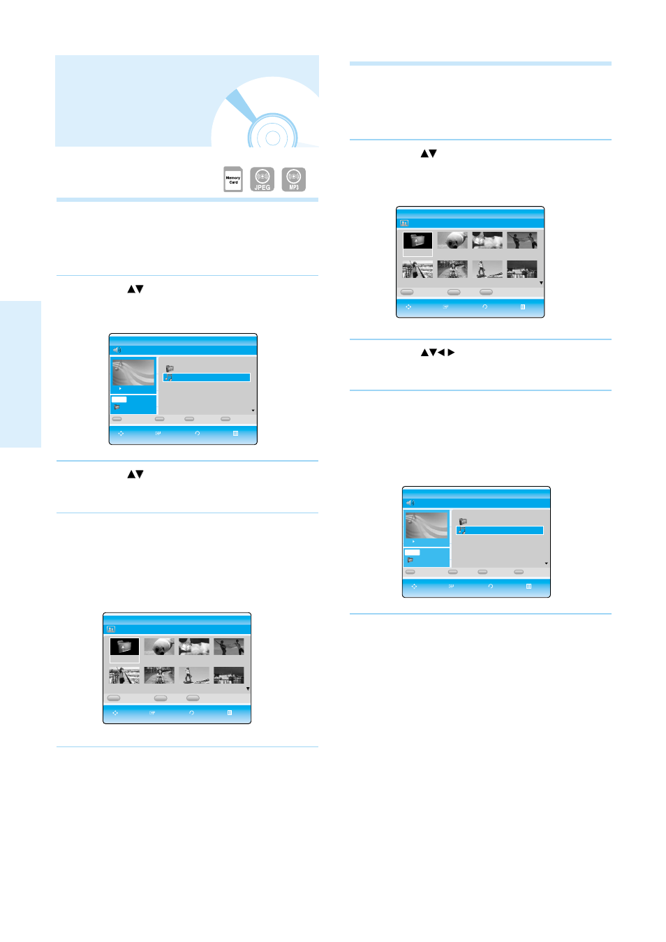 Using a mixed disc(jpeg+mp3), Using a mixed disc (jpeg+mp3), Playback | 38 - english, Example: playing mp3 music, Press the, Example: viewing jpeg pictures, Buttons to select a picture | Samsung BD-P1000-XAA User Manual | Page 38 / 50