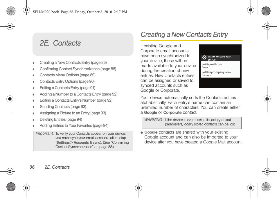 2e. contacts, Creating a new contacts entry | Samsung SPH-M920ZKASPR User Manual | Page 100 / 238