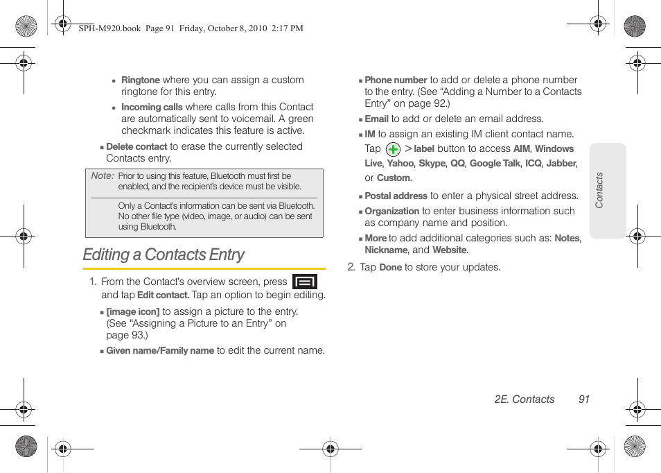 Editing a contacts entry | Samsung SPH-M920ZKASPR User Manual | Page 105 / 238