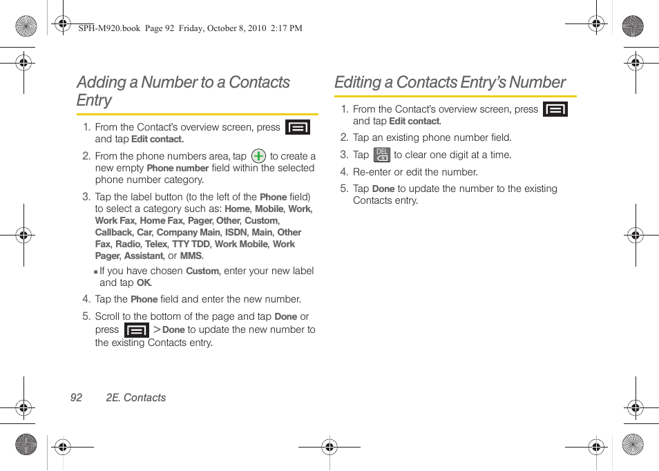 Adding a number to a contacts entry, Editing a contacts entry’s number | Samsung SPH-M920ZKASPR User Manual | Page 106 / 238