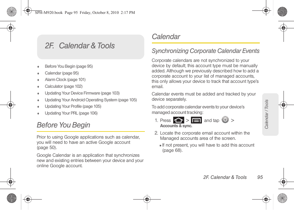 2f. calendar & tools, Before you begin, Calendar | Synchronizing corporate calendar events | Samsung SPH-M920ZKASPR User Manual | Page 109 / 238