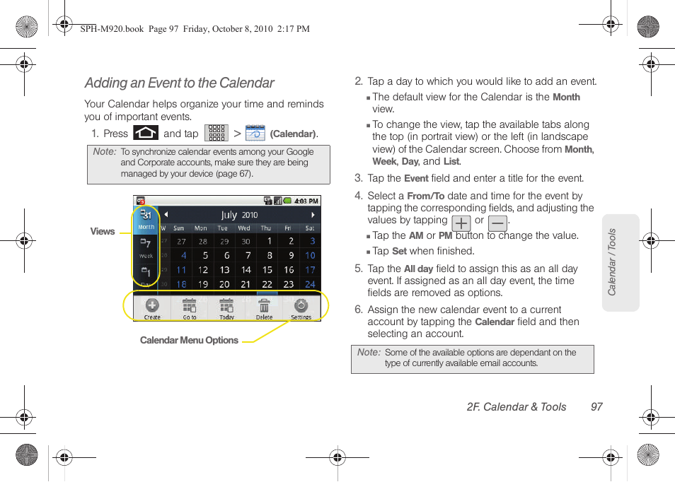 Adding an event to the calendar | Samsung SPH-M920ZKASPR User Manual | Page 111 / 238