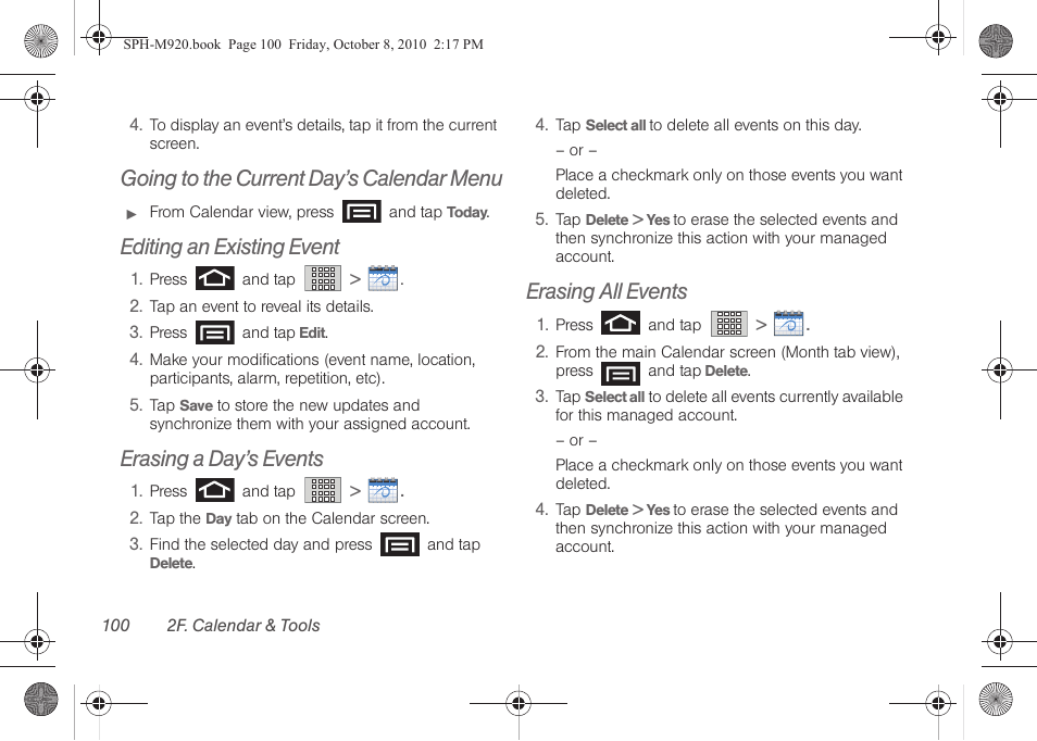 Going to the current day’s calendar menu, Editing an existing event, Erasing a day’s events | Erasing all events | Samsung SPH-M920ZKASPR User Manual | Page 114 / 238