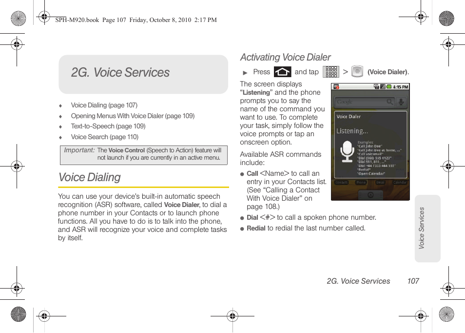 2g. voice services, Voice dialing, Activating voice dialer | Samsung SPH-M920ZKASPR User Manual | Page 121 / 238