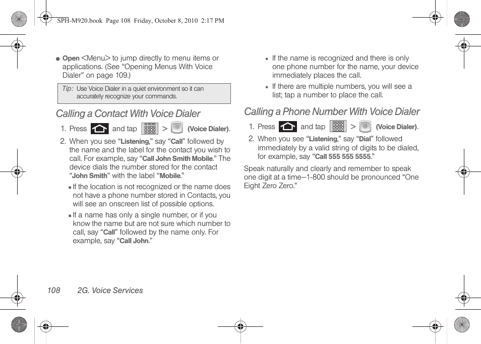 Calling a contact with voice dialer, Calling a phone number with voice dialer | Samsung SPH-M920ZKASPR User Manual | Page 122 / 238