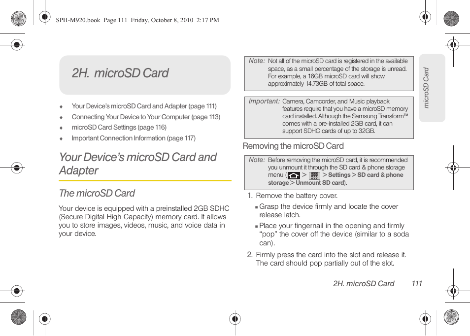 2h. microsd card, Your device’s microsd card and adapter, The microsd card | Samsung SPH-M920ZKASPR User Manual | Page 125 / 238