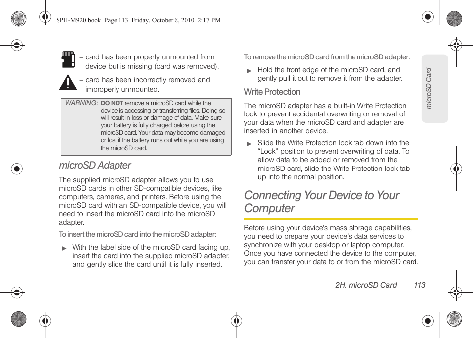 Microsd adapter, Connecting your device to your computer | Samsung SPH-M920ZKASPR User Manual | Page 127 / 238