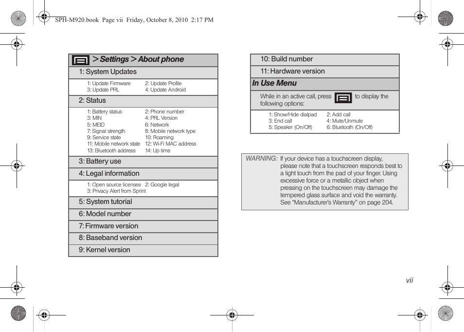 Settings > about phone | Samsung SPH-M920ZKASPR User Manual | Page 13 / 238