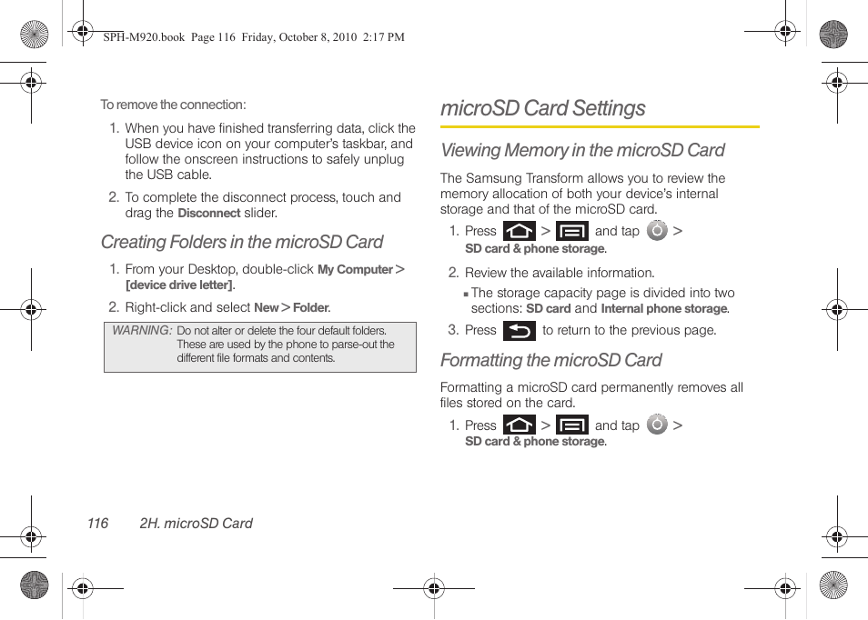 Creating folders in the microsd card, Microsd card settings, Viewing memory in the microsd card | Formatting the microsd card | Samsung SPH-M920ZKASPR User Manual | Page 130 / 238