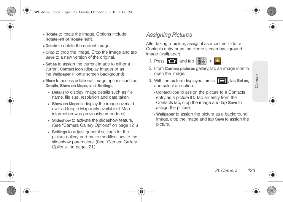 Assigning pictures | Samsung SPH-M920ZKASPR User Manual | Page 137 / 238