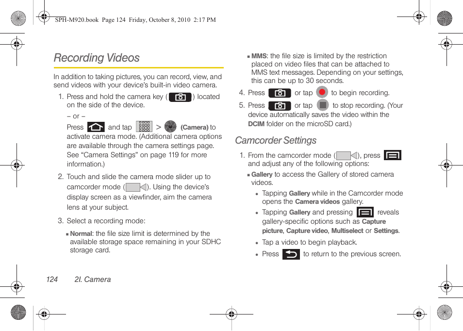 Recording videos, Camcorder settings | Samsung SPH-M920ZKASPR User Manual | Page 138 / 238