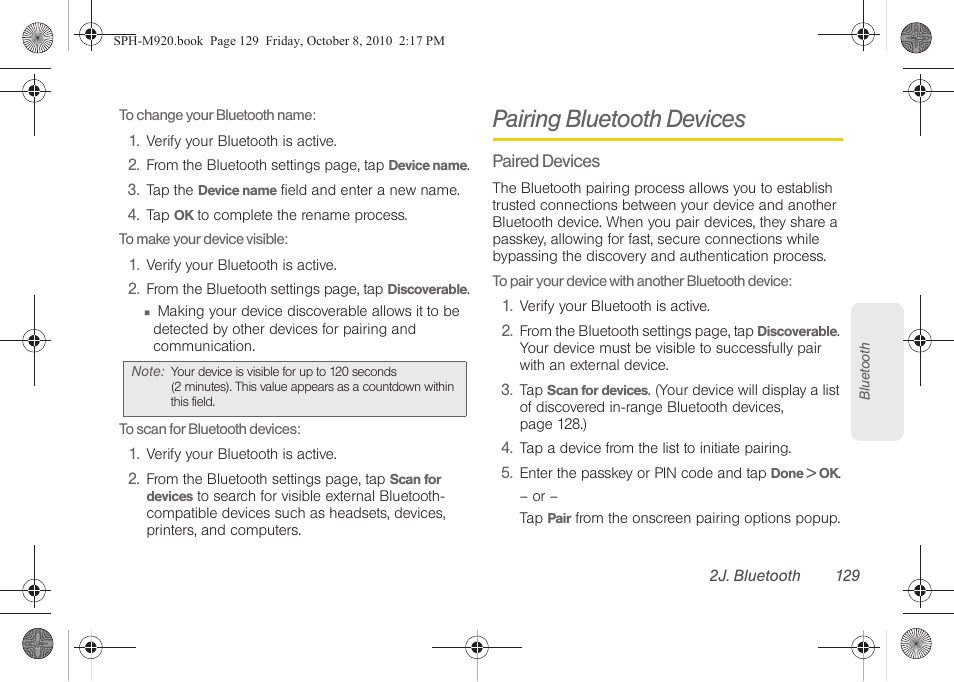 Pairing bluetooth devices | Samsung SPH-M920ZKASPR User Manual | Page 143 / 238