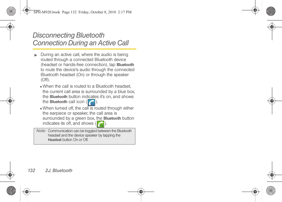 Disconnecting bluetooth connection, During an active call | Samsung SPH-M920ZKASPR User Manual | Page 146 / 238