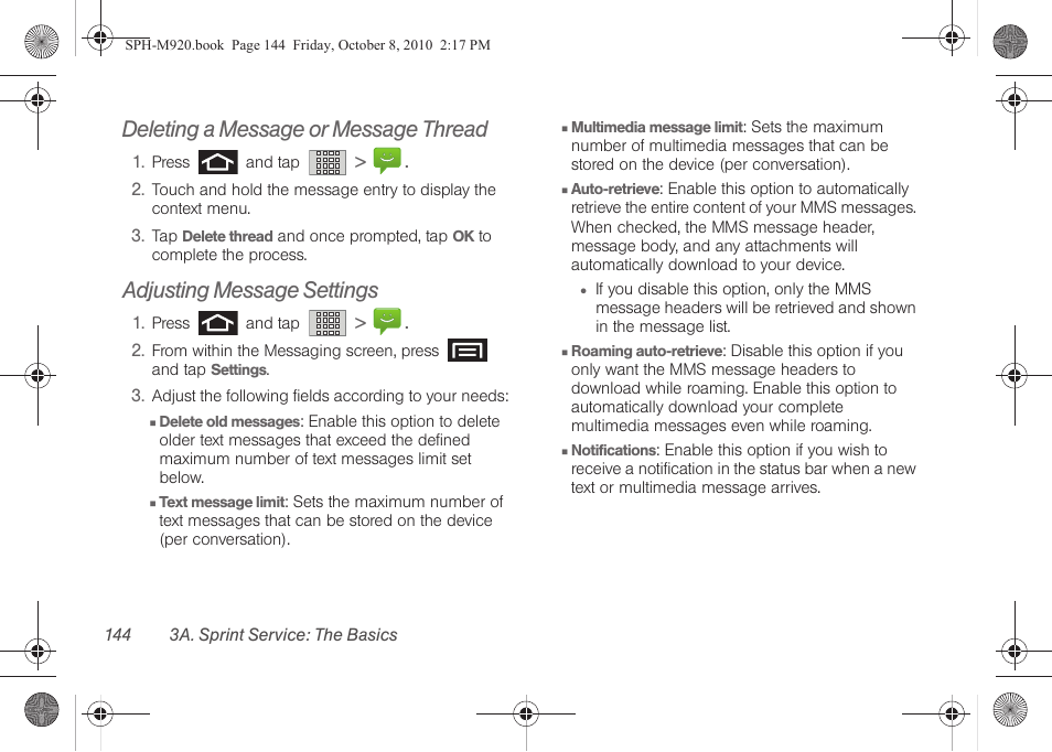 Deleting a message or message thread, Adjusting message settings | Samsung SPH-M920ZKASPR User Manual | Page 158 / 238