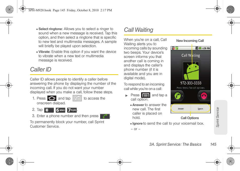 Caller id, Call waiting | Samsung SPH-M920ZKASPR User Manual | Page 159 / 238