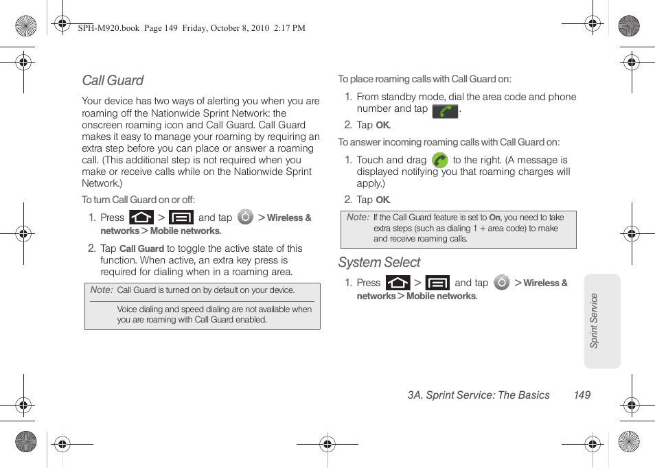 Call guard, System select, Ee “call guard” on | Samsung SPH-M920ZKASPR User Manual | Page 163 / 238