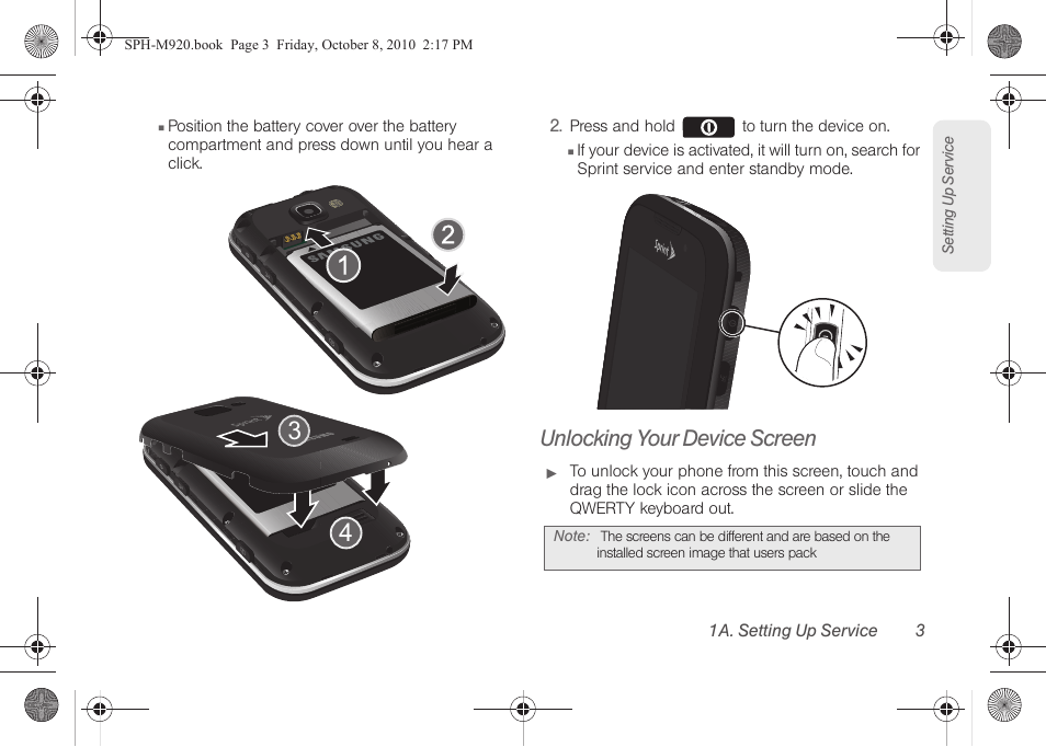 Unlocking your device screen | Samsung SPH-M920ZKASPR User Manual | Page 17 / 238