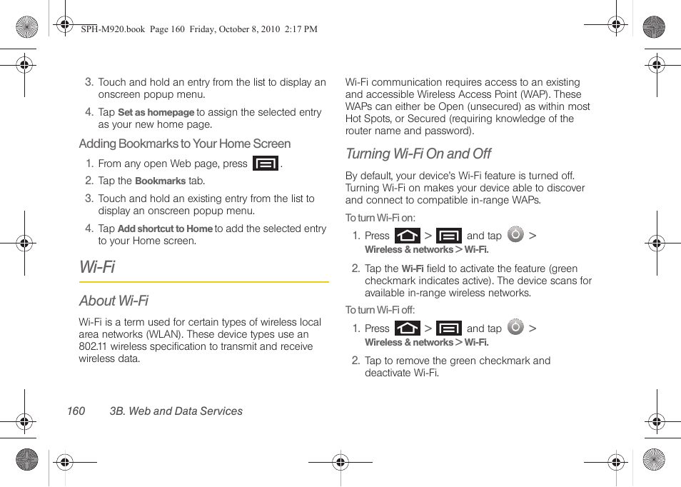 Wi-fi, About wi-fi, Turning wi-fi on and off | Samsung SPH-M920ZKASPR User Manual | Page 174 / 238