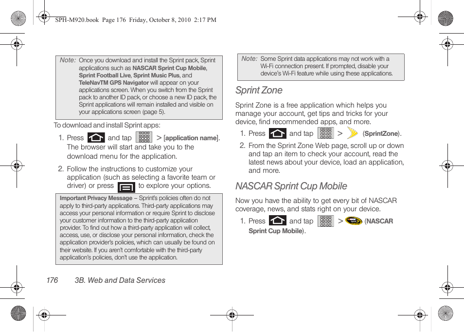 Sprint zone, Nascar sprint cup mobile | Samsung SPH-M920ZKASPR User Manual | Page 190 / 238