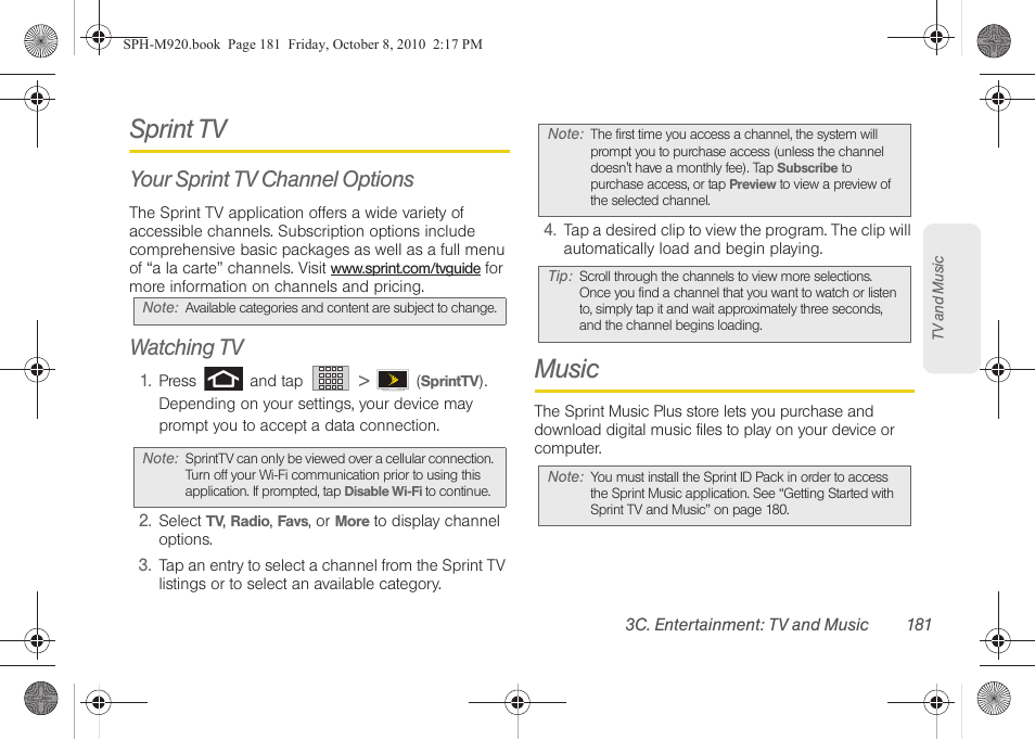 Sprint tv, Your sprint tv channel options, Watching tv | Music | Samsung SPH-M920ZKASPR User Manual | Page 195 / 238