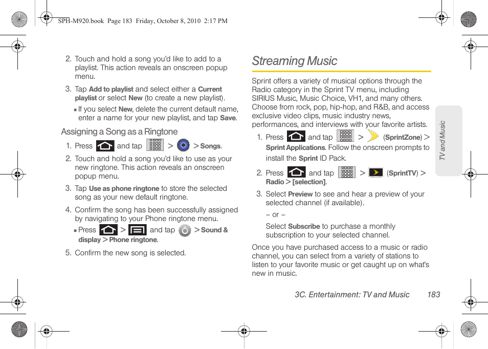 Streaming music | Samsung SPH-M920ZKASPR User Manual | Page 197 / 238