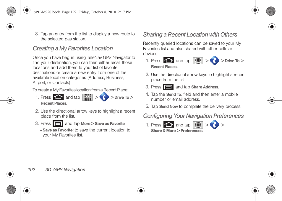 Creating a my favorites location, Sharing a recent location with others, Configuring your navigation preferences | Samsung SPH-M920ZKASPR User Manual | Page 206 / 238