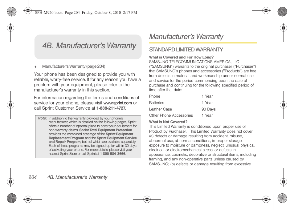 4b. manufacturer’s warranty, Manufacturer’s warranty, Standard limited warranty | Samsung SPH-M920ZKASPR User Manual | Page 218 / 238