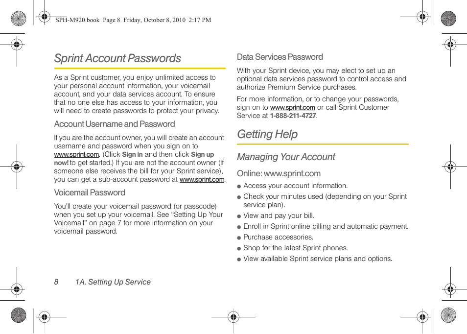 Sprint account passwords, Getting help, Managing your account | Samsung SPH-M920ZKASPR User Manual | Page 22 / 238