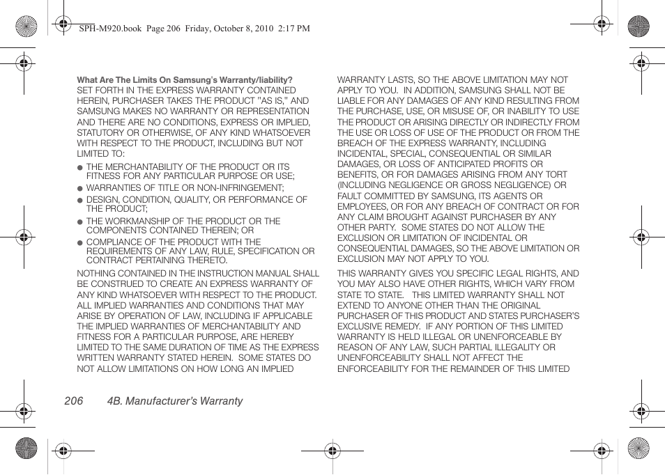 206 4b. manufacturer’s warranty | Samsung SPH-M920ZKASPR User Manual | Page 220 / 238