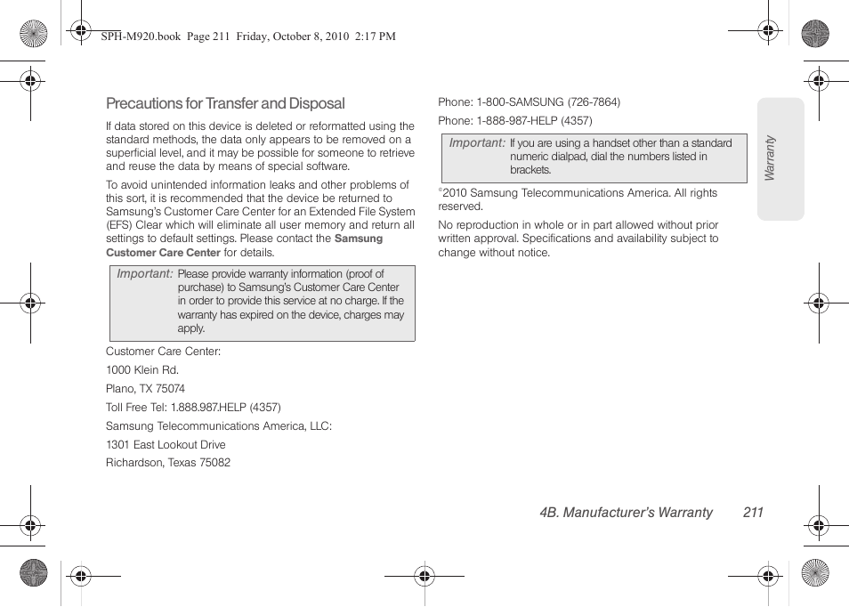 Precautions for transfer and disposal | Samsung SPH-M920ZKASPR User Manual | Page 225 / 238