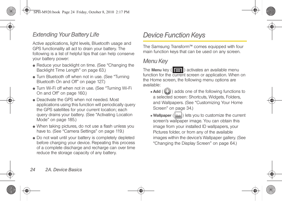 Extending your battery life, Device function keys, Menu key | Samsung SPH-M920ZKASPR User Manual | Page 38 / 238