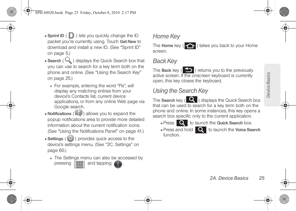 Home key, Back key, Using the search key | Samsung SPH-M920ZKASPR User Manual | Page 39 / 238