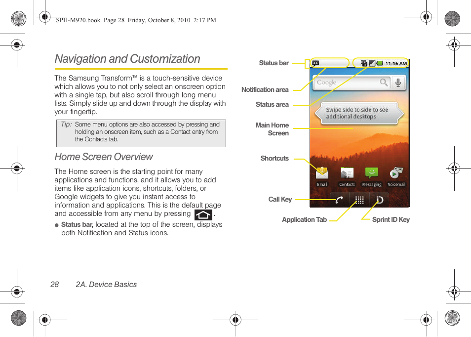 Navigation and customization, Home screen overview | Samsung SPH-M920ZKASPR User Manual | Page 42 / 238