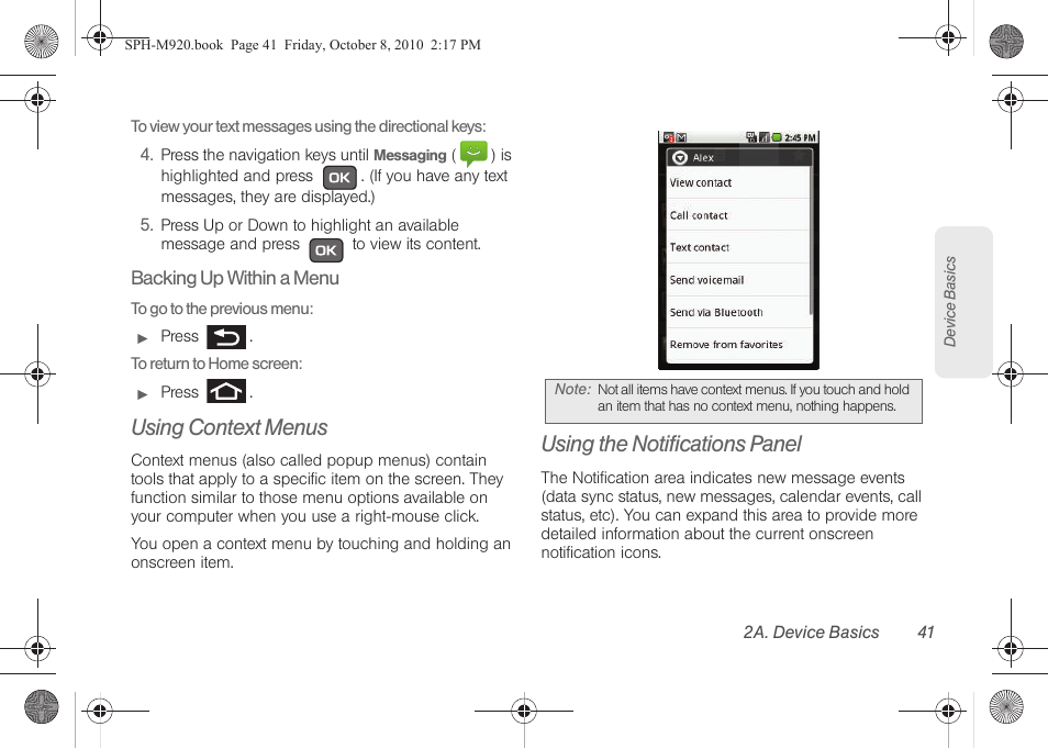 Using context menus, Using the notifications panel | Samsung SPH-M920ZKASPR User Manual | Page 55 / 238