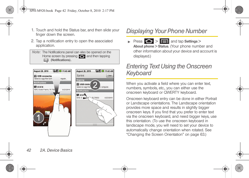 Displaying your phone number, Entering text using the onscreen keyboard | Samsung SPH-M920ZKASPR User Manual | Page 56 / 238