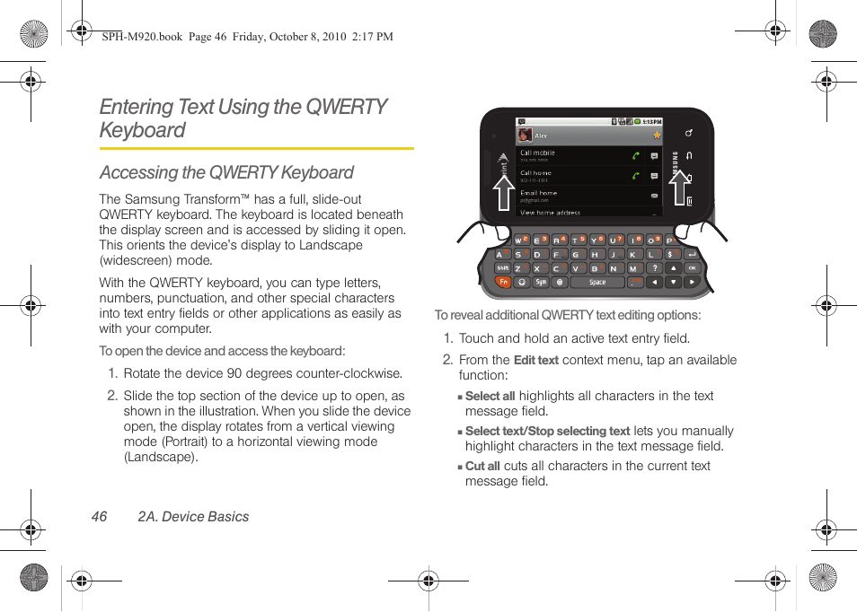 Entering text using the qwerty keyboard, Accessing the qwerty keyboard | Samsung SPH-M920ZKASPR User Manual | Page 60 / 238